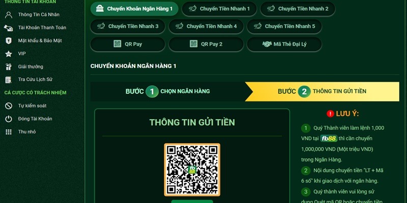 Nạp tiền FB88 bằng tài khoản ngân hàng cũng được game thủ lựa chọn nhiều