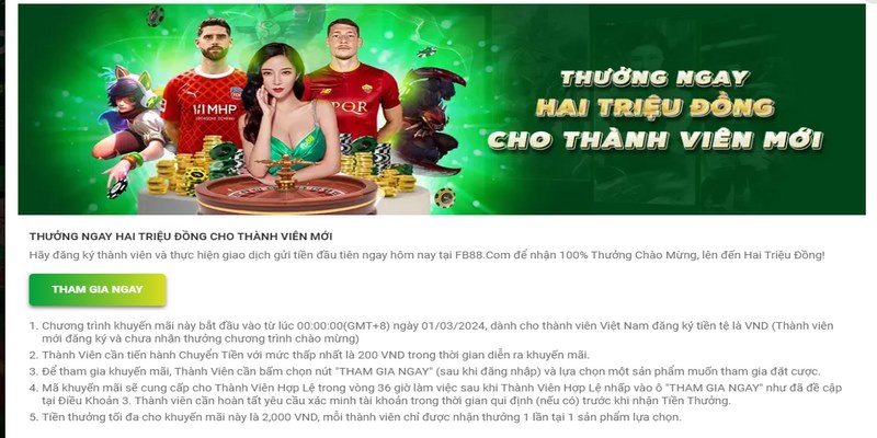 Thưởng nóng 2 triệu đồng dành cho thành viên đăng ký FB88